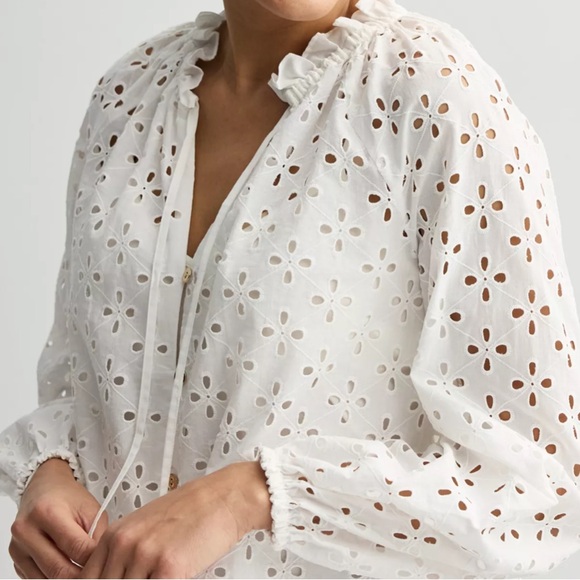 Nine West White Eyelet Women's Ruffle Collar Blouse - Picture 16 of 16